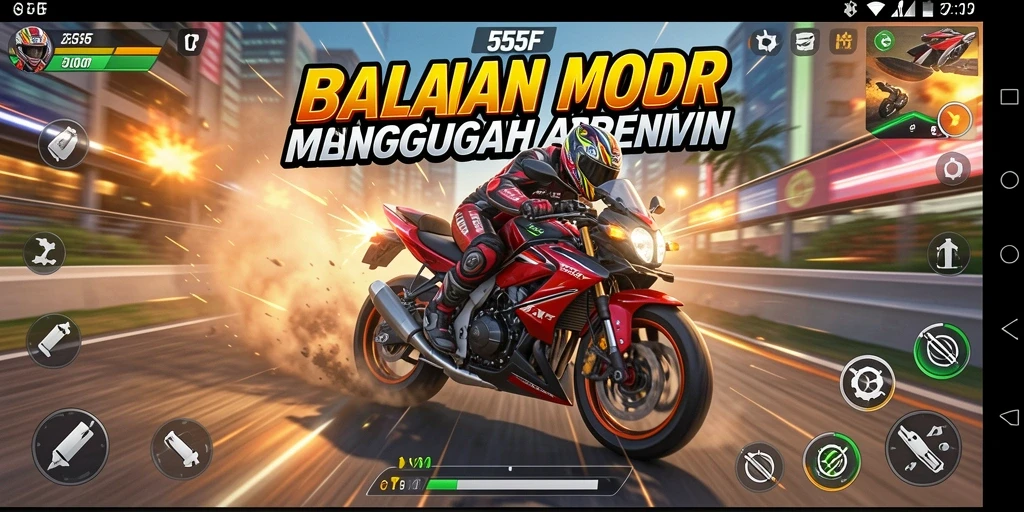 Screenshot gameplay 555F menampilkan aksi balapan motor yang seru.