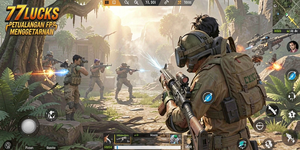 Gameplay seru dalam pertempuran FPS 77LUCKS