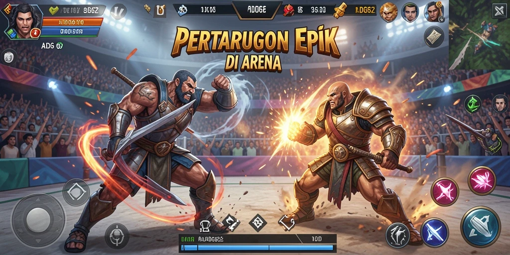 Tampilan aksi pertarungan seru di ADG62 dengan karakter ikonik.