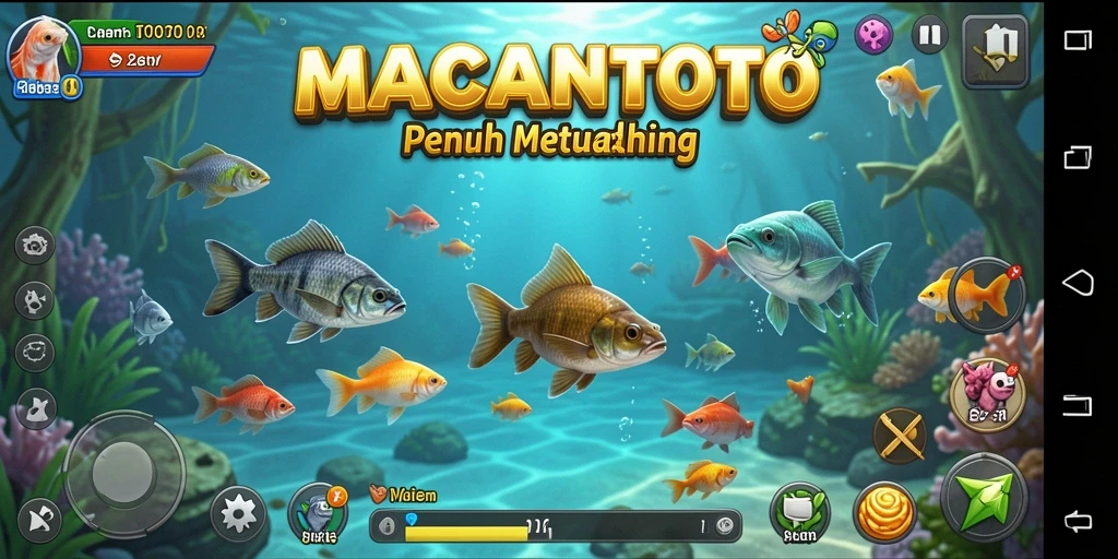 Screenshot gameplay <strong>MACANTOTO</strong> menunjukkan aksi memancing yang mendebarkan.