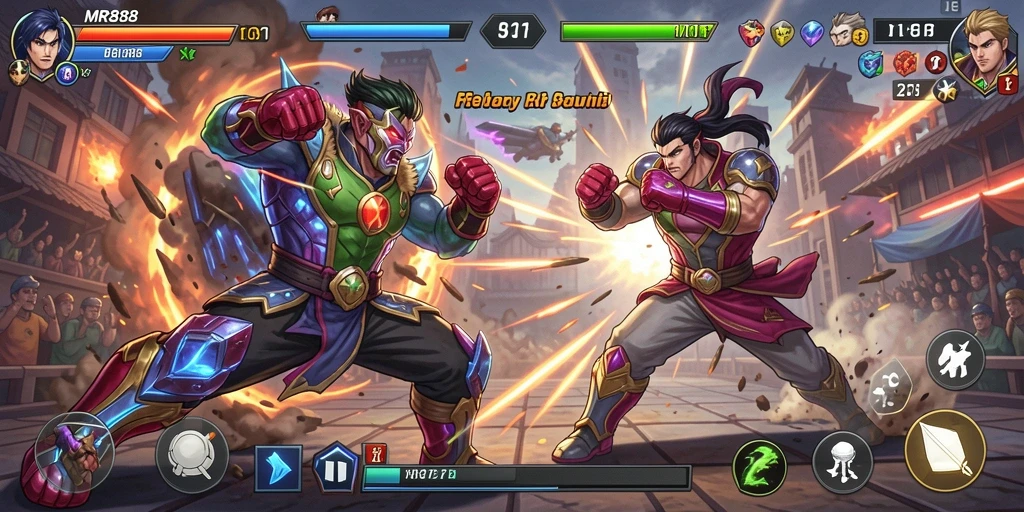 Screenshot gameplay MR888 menampilkan aksi pertarungan yang intens dan karakter-karakter yang menarik.