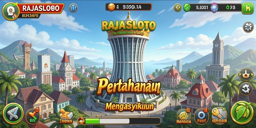 Tampilan seru gameplay RAJASLOTO dengan menara pertahanan yang strategis.
