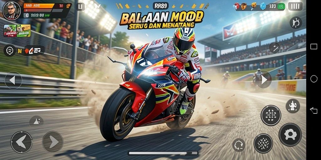 Screenshot gameplay RR89 yang menampilkan balapan motor mendebarkan.