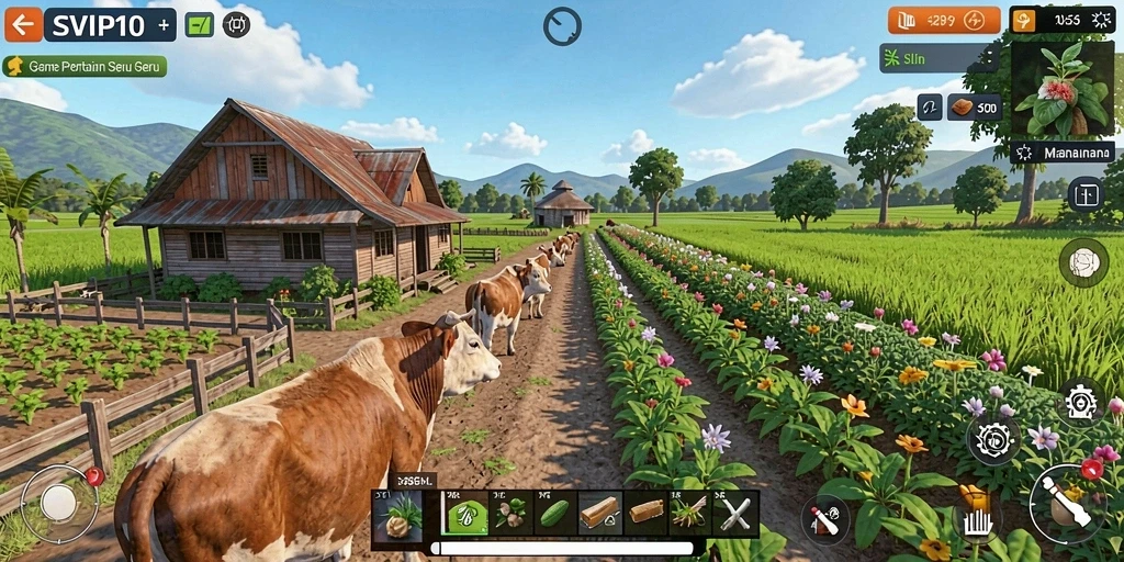 Screenshot gameplay SVIP10 yang menampilkan ladang hijau subur dan hasil panen melimpah.