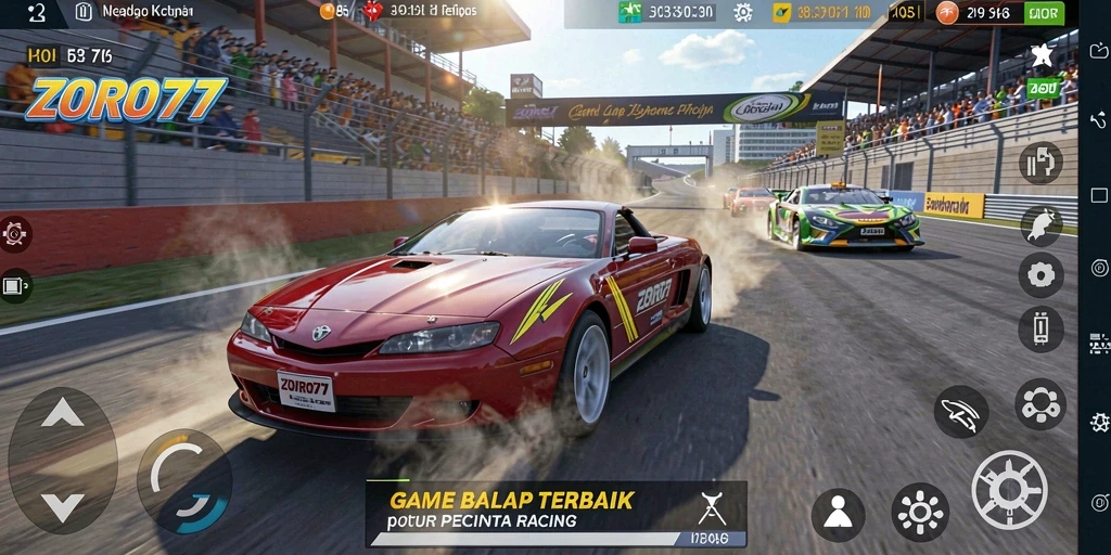 Gameplay ZORO77 menampilkan balapan seru dengan berbagai mobil.